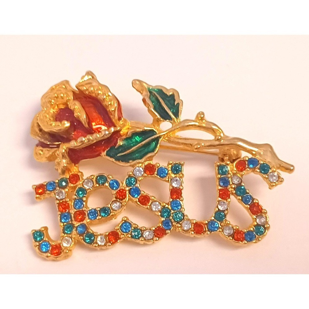Vintage Gold Tone Red Enamel Rose JESUS Rhinestone Religious Brooch Pin